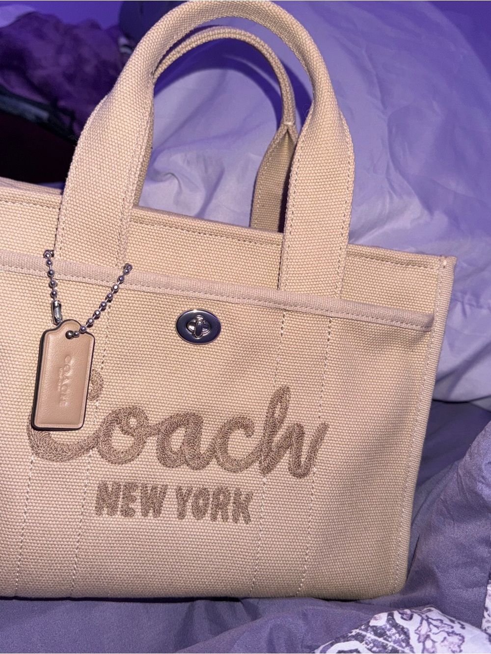 Coach Beige Canvas Tote with Removable Striped Strap - Picture 2 of 5